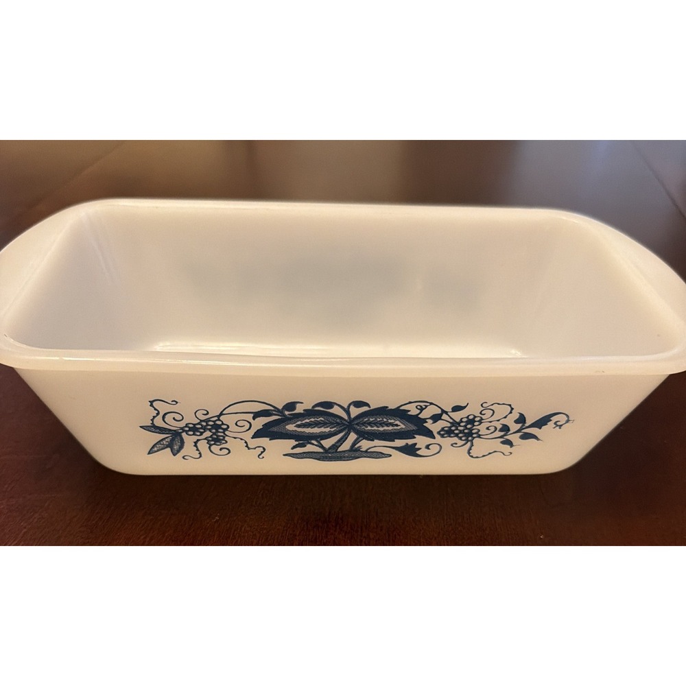 1970's Glasbake J-522 Milk Glass Loaf Pan White/Blue Floral 1 1/2 Qt 9x5 in